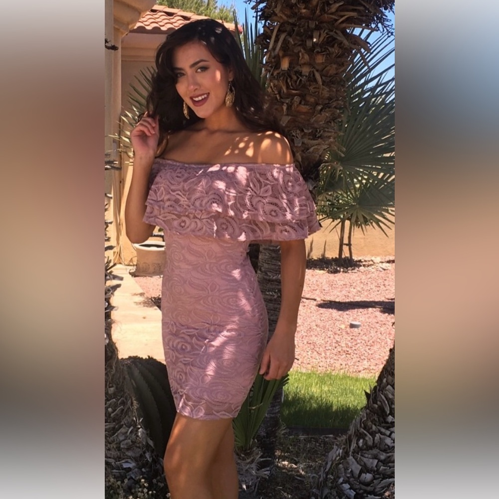 Size Medium off the shoulder ruffle lace light pink dress